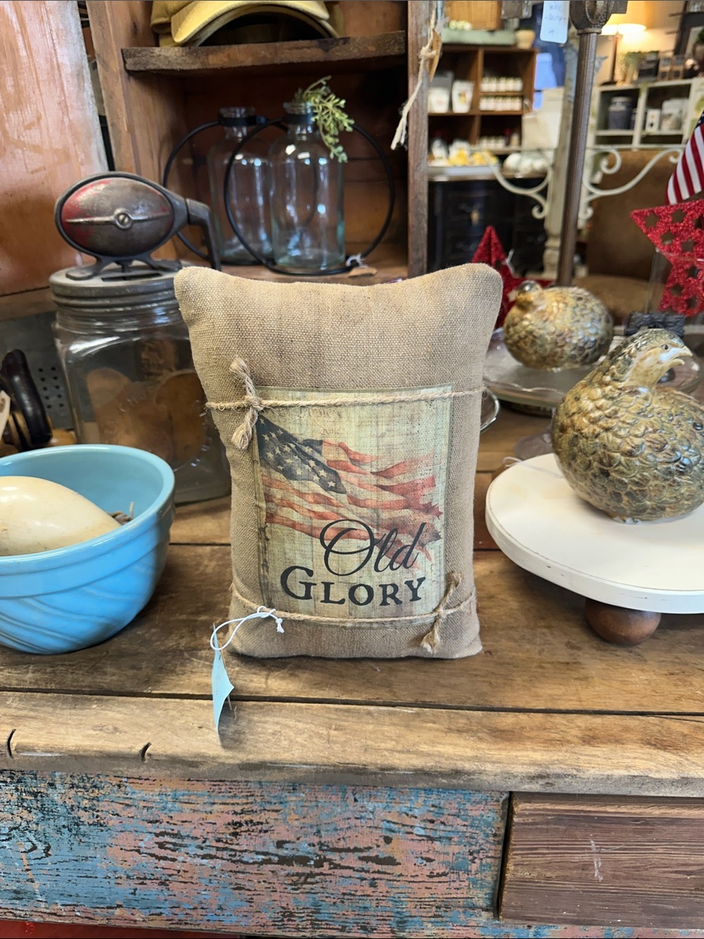 Old Glory Rustic Patriotic Pillow - Burlap Flag Accent pillow